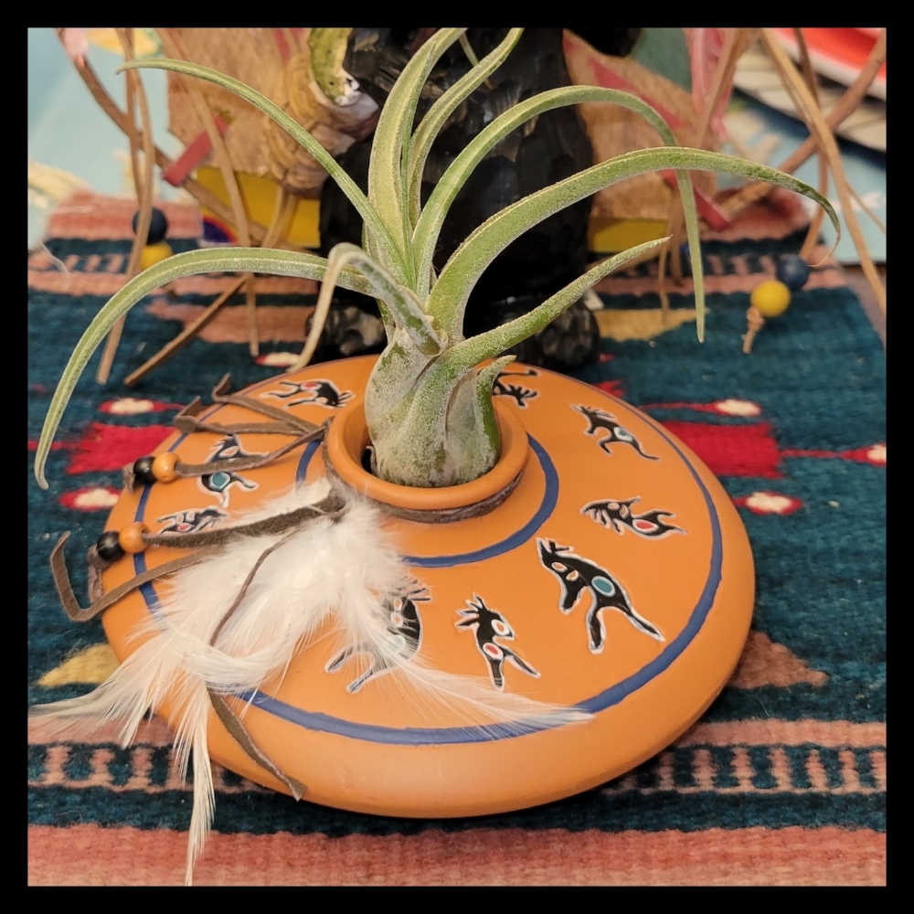 New Kokopelli "Native Symbols" Terra Cotta Pot Leather Feather Bead Acce…